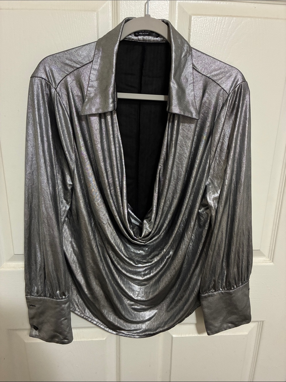 SHEIN Silver Metallic Draped Cowl Neck Blouse